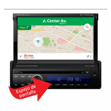 Autoestéreo de CD/MP3/USB/DVD/SD/BT. Pantalla motorizada y táctil de 7". Espejo de pantalla.
